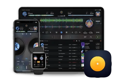 Advanced DJ mixing software displayed on smartphone, tablet, and smartwatch interfaces, showcasing music control and digital