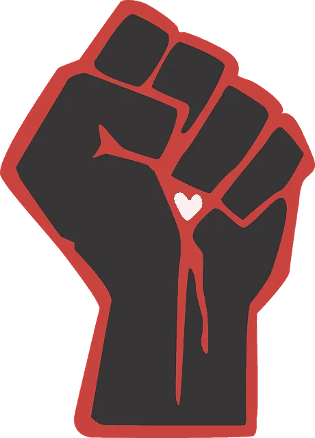 Feminist fist raised with a small heart symbol, symbolizing empowerment, solidarity, and love for women's rights.