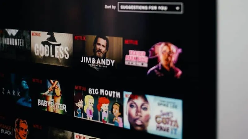 Streaming service interface displaying popular Netflix shows including "Godless," "Jim & Andy," "Big Mouth," and more; digita