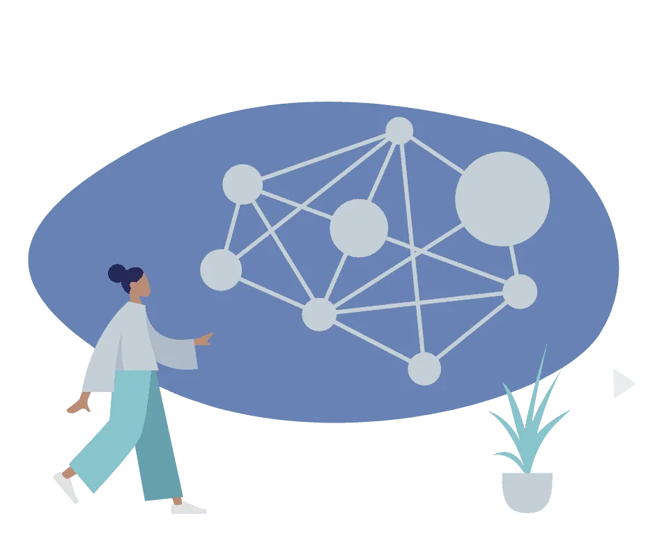 Networking technology concept with interconnected nodes and a person, representing digital communication, social media, and o