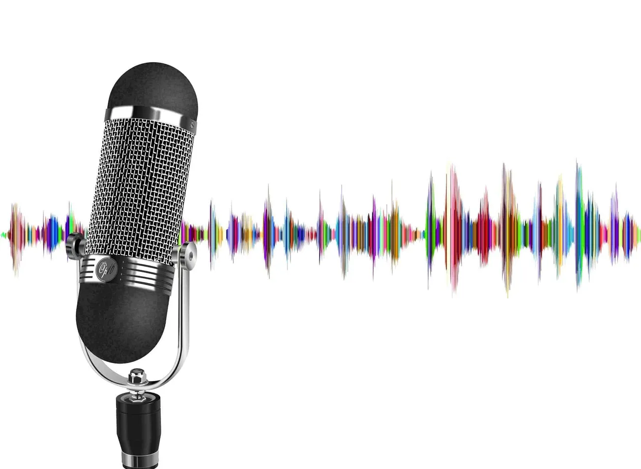 Microphone with colorful sound waves representing music and podcasting, symbolizing audio content, music industry, and digita