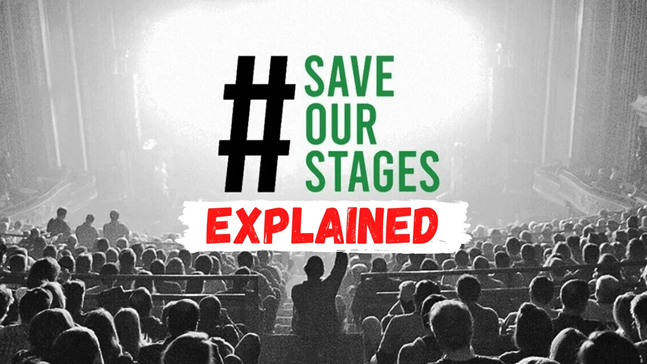 #SAVE OUR STAGES movement protest crowd at a concert venue with a focus on preserving live music venues and supporting local
