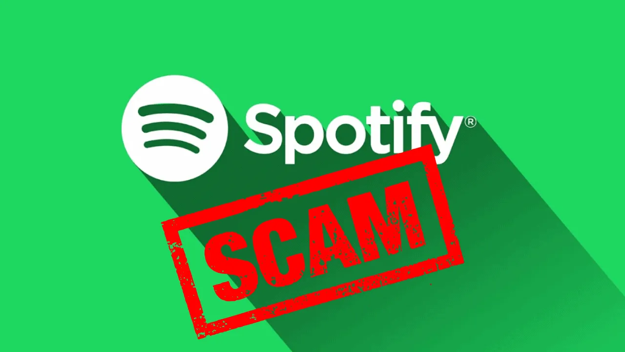 Spotify logo with a red "SCAM" stamp overlayed, indicating a warning or alert.