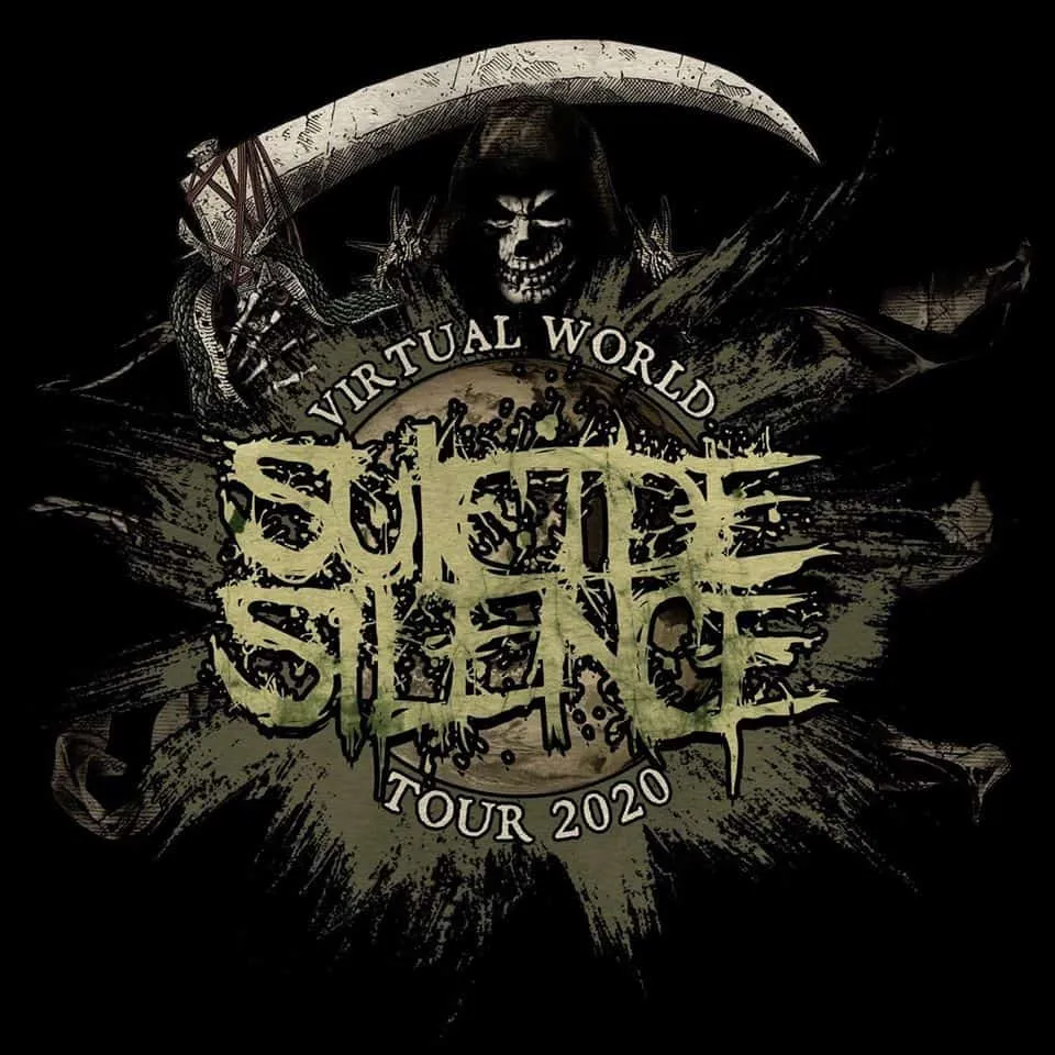 Virtual World Skeleton Tour 2020 promotional graphic with a dark, gothic aesthetic featuring a sinister skeleton holding a sc