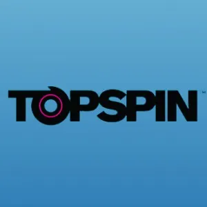 Topspin music streaming and digital marketing platform logo against a gradient blue background.