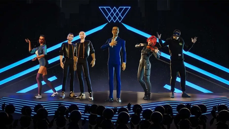 Avatars performing on a digital stage at a music technology conference, showcasing innovative virtual concert experiences and