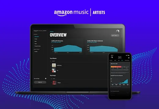 Data analytics dashboard showing Amazon Music artist streaming overview on laptop and mobile device.