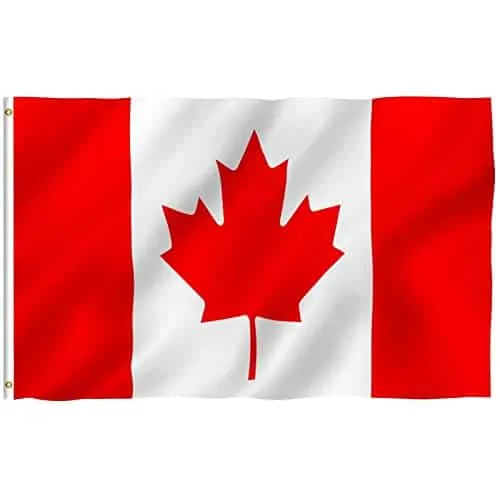 Bright red and white Canadian flag with a prominent red maple leaf in the center, symbolizing national pride and identity. Id