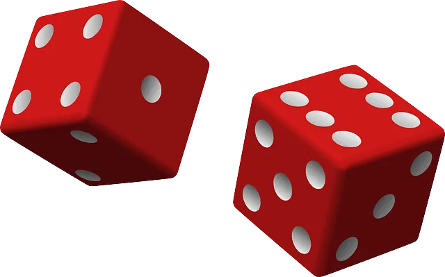 6.How to play dice - rolling red dice with white dots for casino or game entertainment.