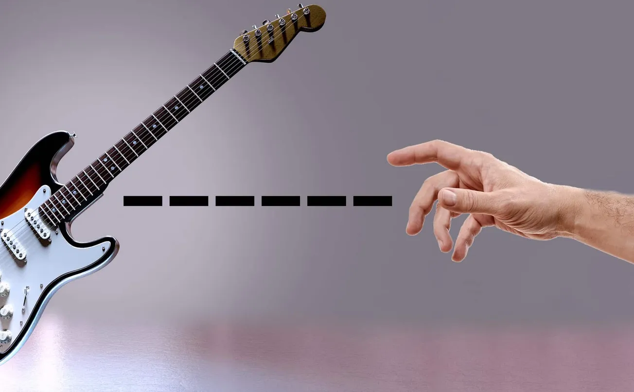 Electric guitar and human hand reaching towards it, symbolizing music creation and innovation.