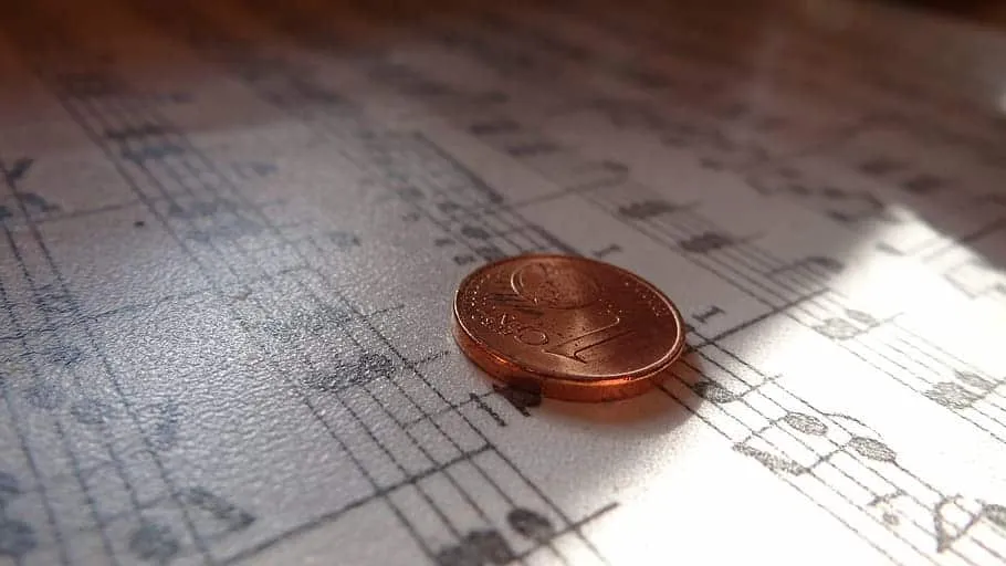 UK one-pence coin on sheet of music, close-up of musical notes and cost concept, small copper penny on sheet with musical not