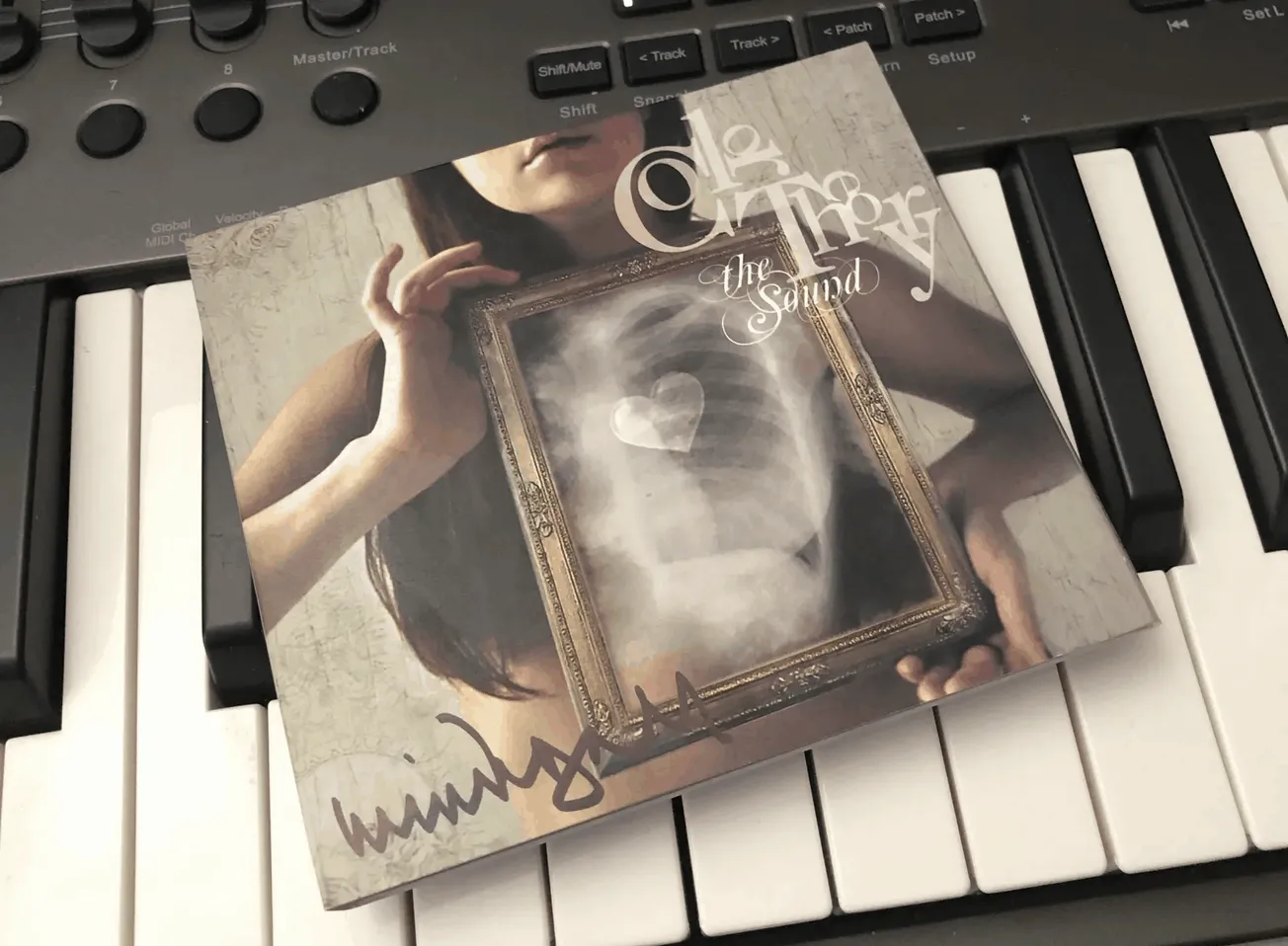 Dreamy album cover featuring a woman holding a framed ultrasound image on a piano keyboard, emphasizing music, art, and emoti