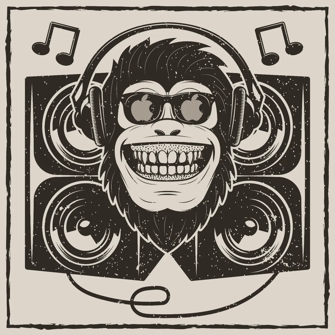 Monkey DJ wearing sunglasses and headphones, surrounded by speakers and musical notes, representing music, dance, and enterta