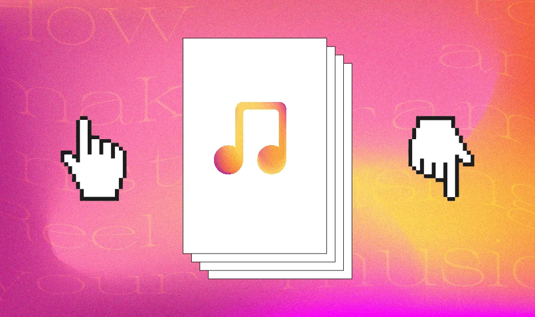Downloadable digital music icon, colorful musical note, pixelated cursor hand icons, vibrant pink and orange background, mode