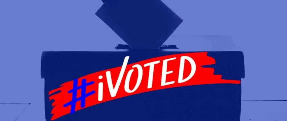 I voted sticker with hashtag vote text on a ballot box, election voting, democratic participation, political engagement, civi