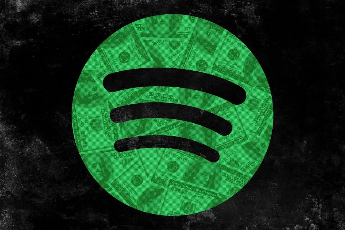 Money-themed Spotify logo with dollar bills background, representing music monetization and streaming revenue.