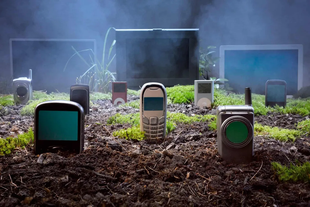 Cell phones, portable speakers, and old electronics placed on soil with green moss, smoke or fog in the background—creating a