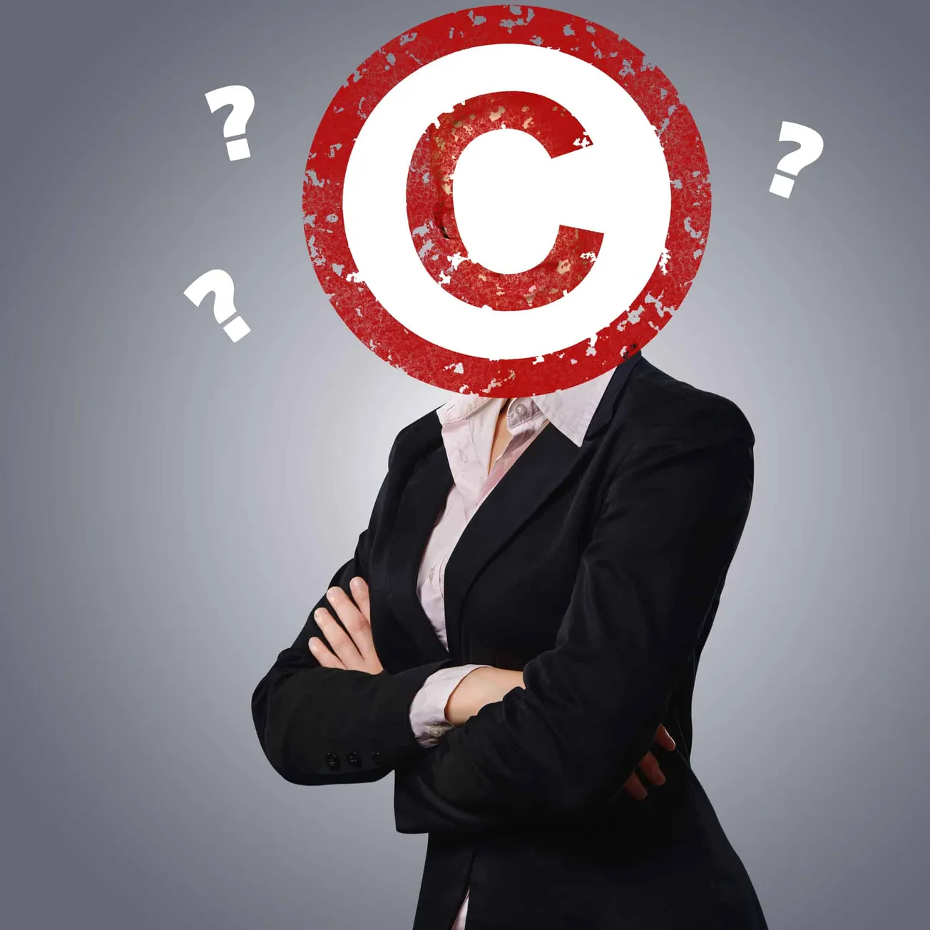 Copyright protection concept with a professional woman wearing a business suit and crossed arms, with a large copyright symbo