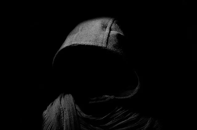 Silhouette of a person wearing a hoodie and scarf in a dark environment, representing anonymity and mystery in digital media