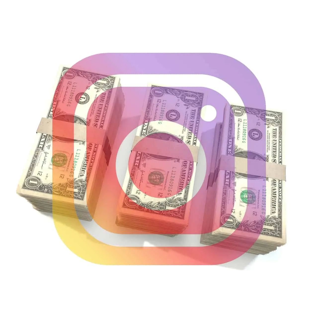 Stacks of U.S. dollar bills with a large Instagram logo overlay, symbolizing monetization, digital marketing, social media ea