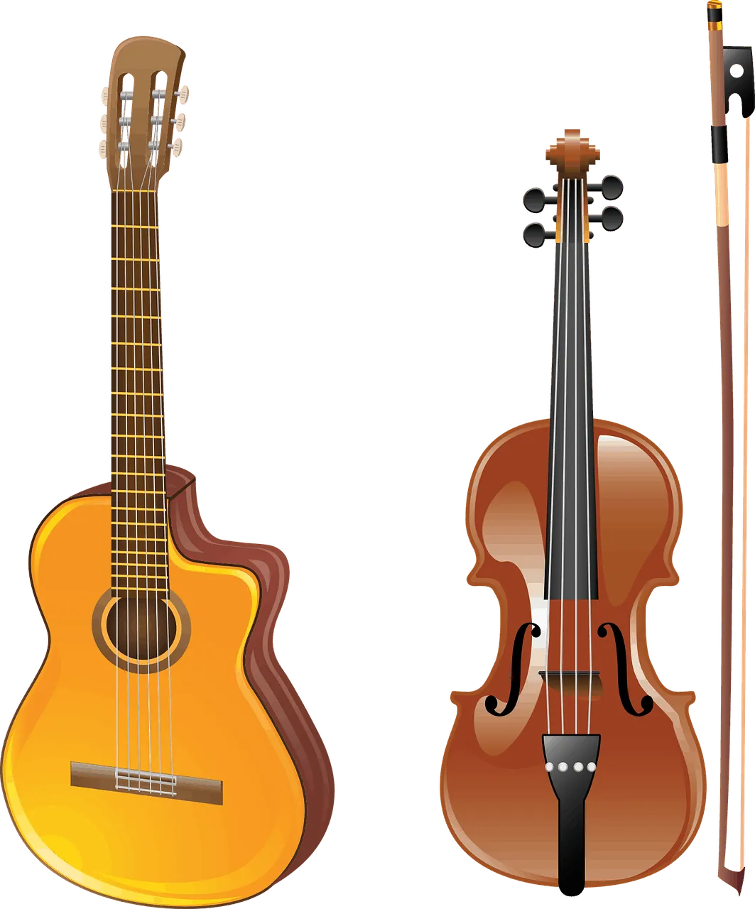 Acoustic guitar and violin with bow on brown background for music或者musical instruments for performing arts.
