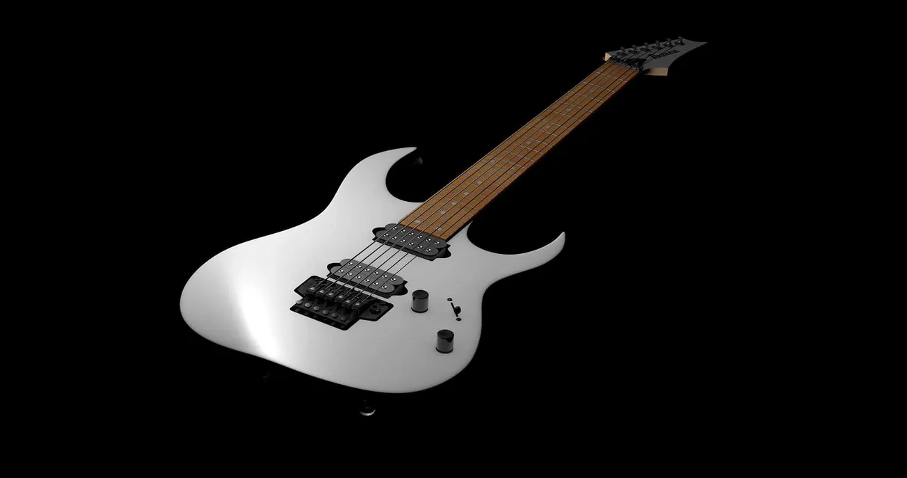 Electric guitar with a sleek white body, wooden neck, black hardware, and advanced pickups, set against a black background fo