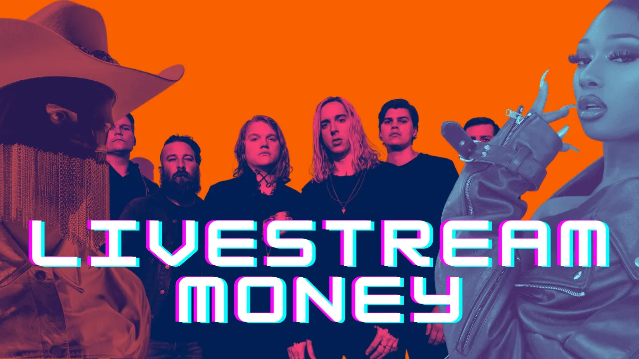 Livestream Money music event featuring diverse artists, vibrant colors, and bold typography for promotion of live music strea