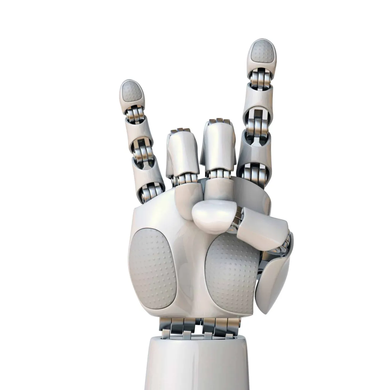 Robotic hand making the peace sign, showcasing advanced robotics technology and AI innovations in the music industry.