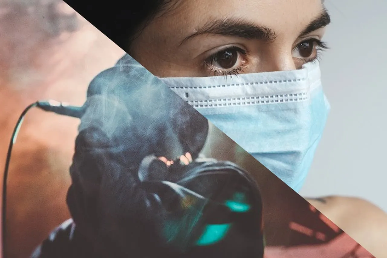 A woman wearing a face mask and headphones, focused on audio or music, representing health safety and media consumption durin