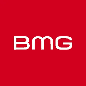 BMG music label logo on a red background, representing a major player in the music industry and digital music marketing and d