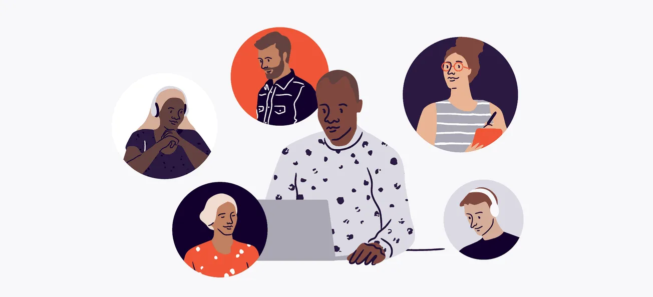 Diverse group of people engaging in a virtual meeting using laptops, tablets, and headphones, representing music industry net