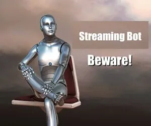Robot sitting on a bench warning about streaming bots and digital security.