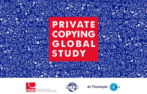 Private copying global study banner with digital device icons background, emphasizing copyright and piracy research.