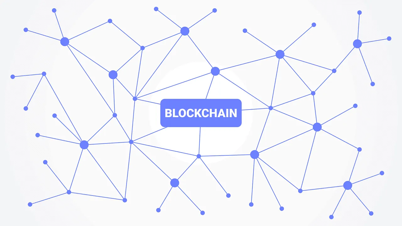 Distributed network diagram illustrating blockchain technology with interconnected nodes and data flow.