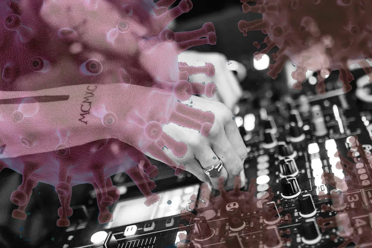 Virus imagery over DJ mixing console, representing COVID-19 impact on music industry, DJ virus, pandemic music, COVID-19 digi