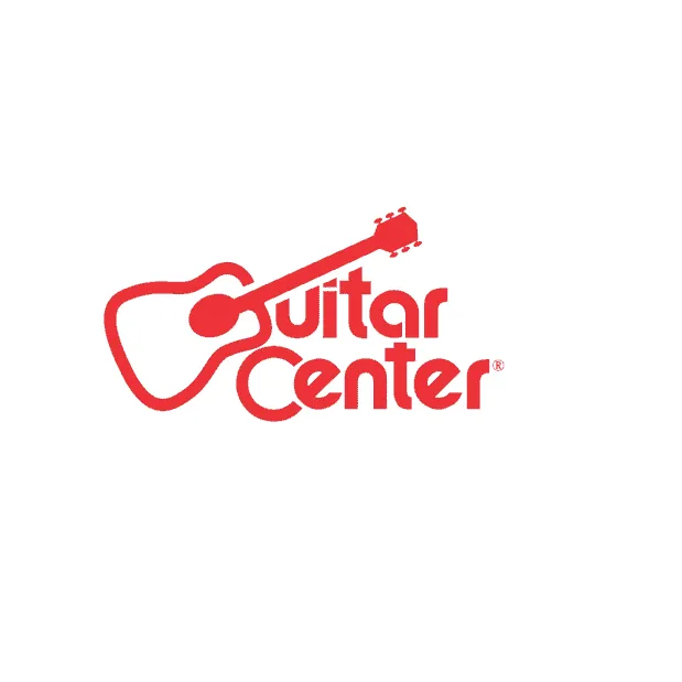 Guitar Center logo with red guitar graphic and text, music retailer brand symbol, representing musical instruments and gear.
