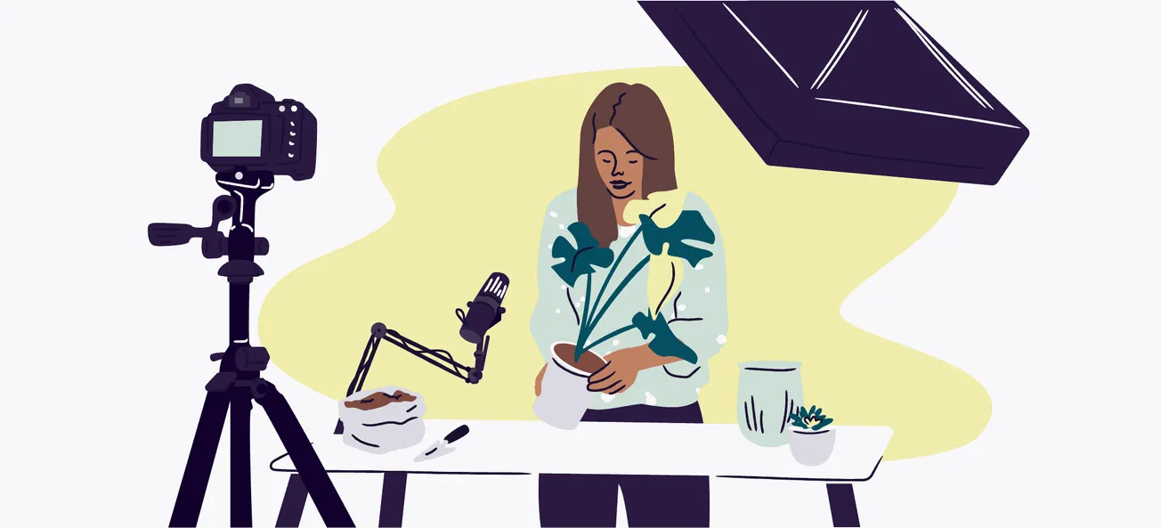 Vibrant illustration of a content creator recording a video about music promotion and artist branding with professional camer