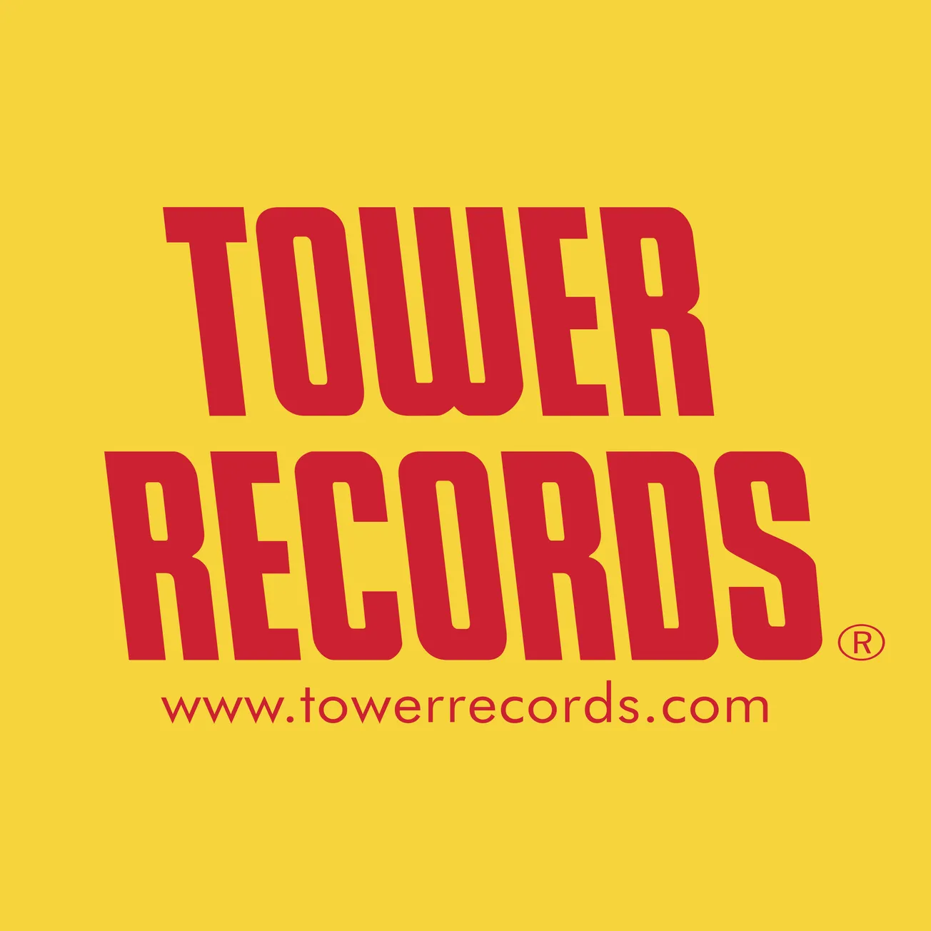 Tower Records logo with bold red text on a yellow background, promoting music retail and entertainment industry branding.