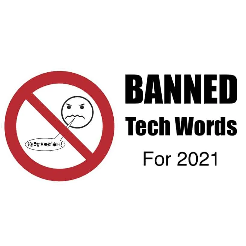 Banished tech words illustration warning against harmful language in digital communication.