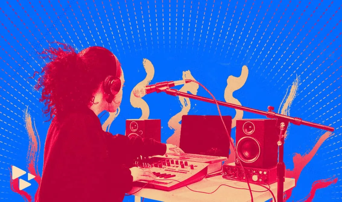 Music production, DJ studio setup with mixer and speakers, artist with headphones recording, digital music, sound engineering