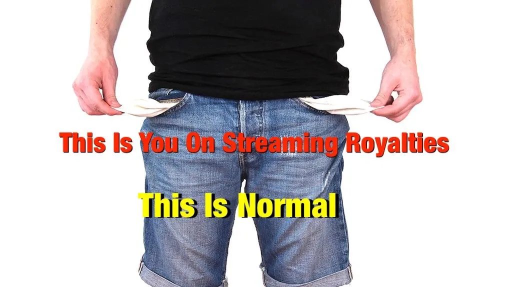 A person with empty pockets, illustrating streaming royalties versus normal income, emphasizing digital music revenue and mon