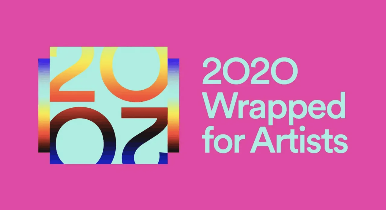 Vibrant graphic with colorful "2020 Wrapped for Artists" logo on pink background, highlighting music industry insights and ar