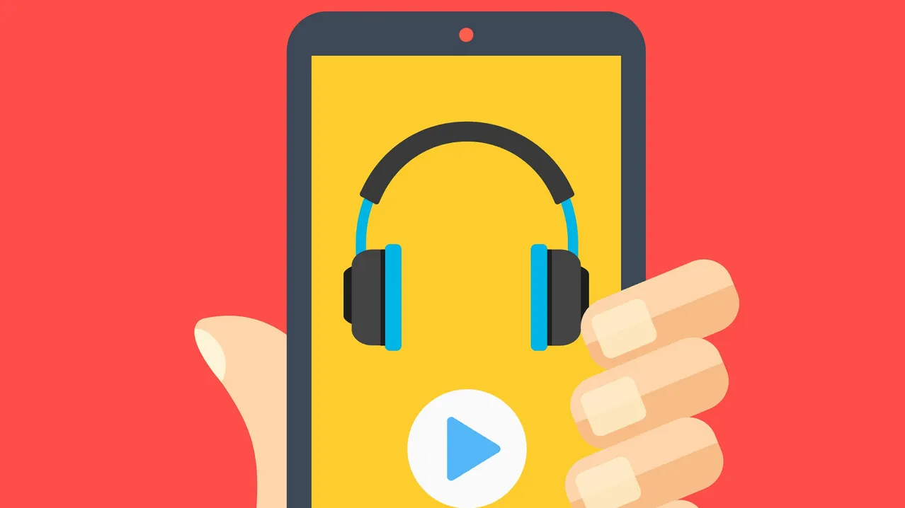 High-quality digital illustration of a mobile device with headphones and play button, representing music streaming, podcasts,