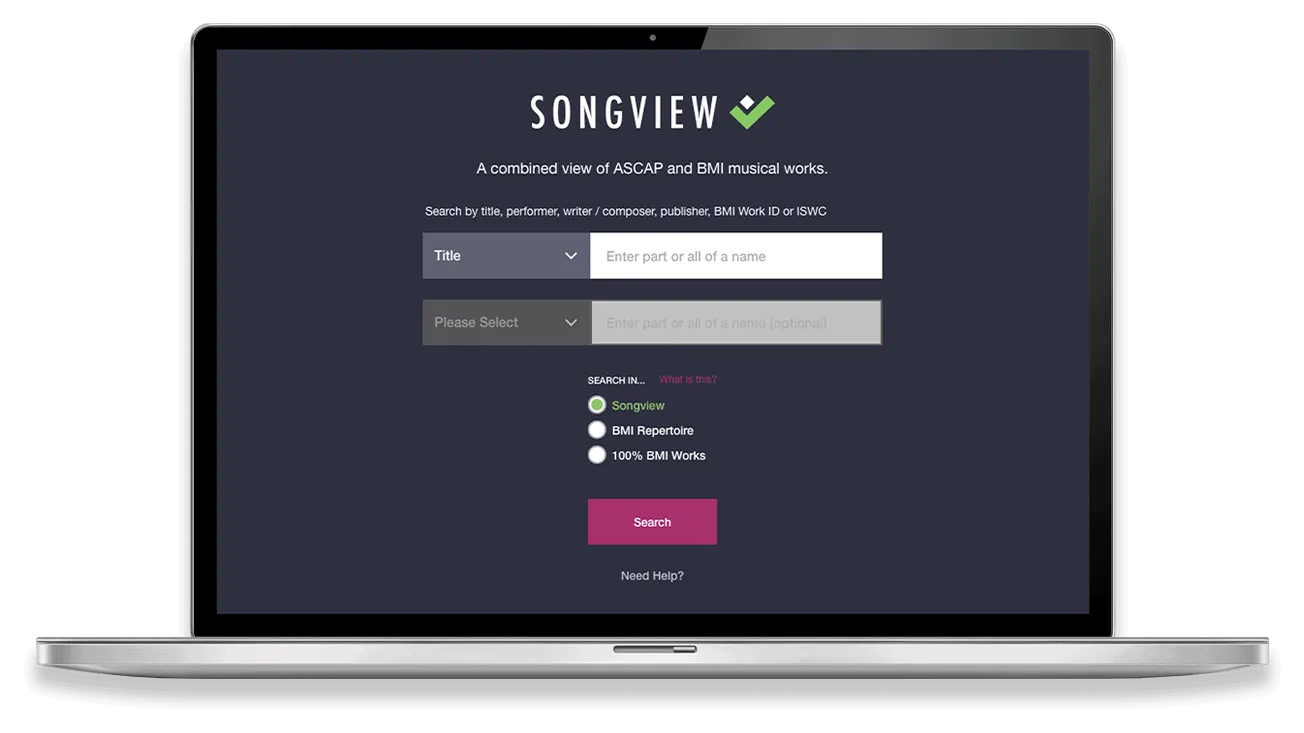 Songview music catalog search tool interface on laptop screen for ASCAP, BMI, and musical works database browsing, music indu