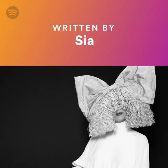 Vibrant magazine-style graphic featuring "Written by Sia" with a model in elaborate oversized bow hat and curly wig, set agai