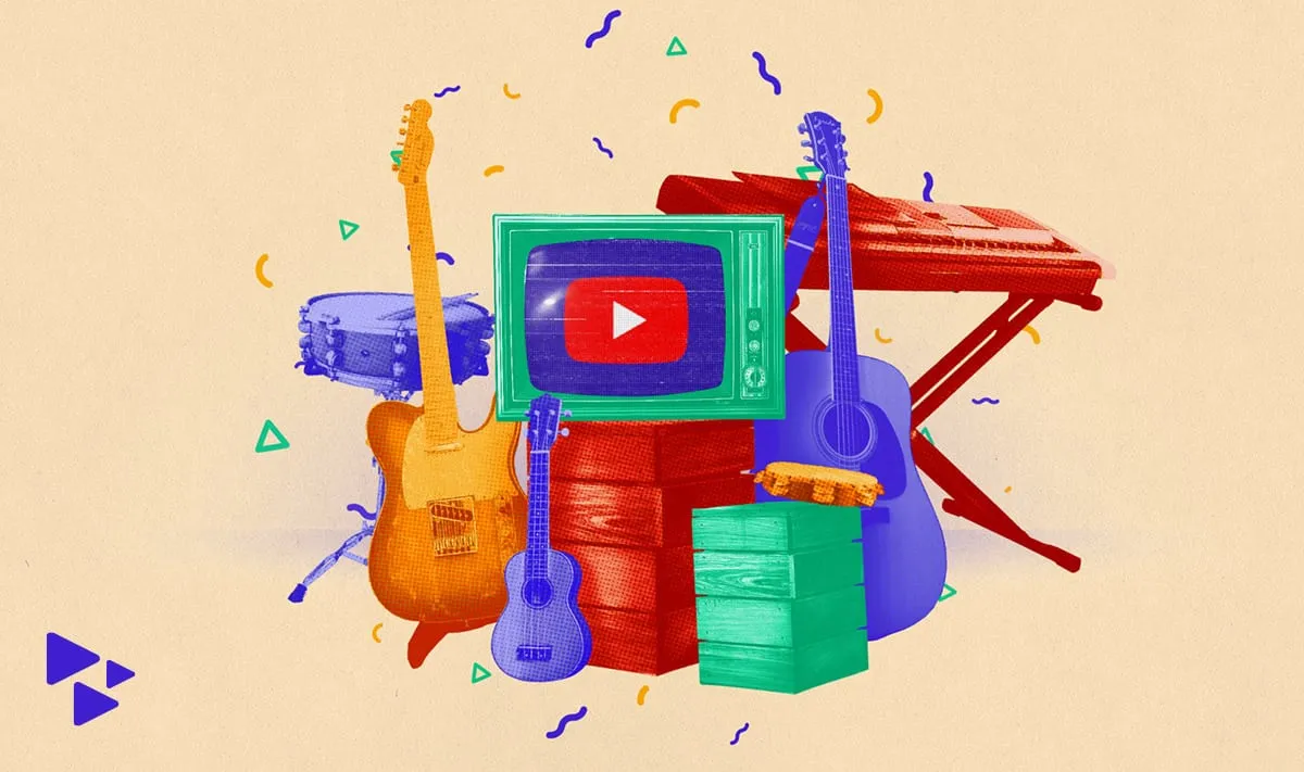 Bright colorful musical instruments and a vintage television displaying the YouTube logo, symbolizing digital music, content