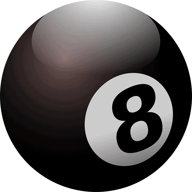 8-ball billiard ball used in pool games, black with white circle and number 8, on a plain background.