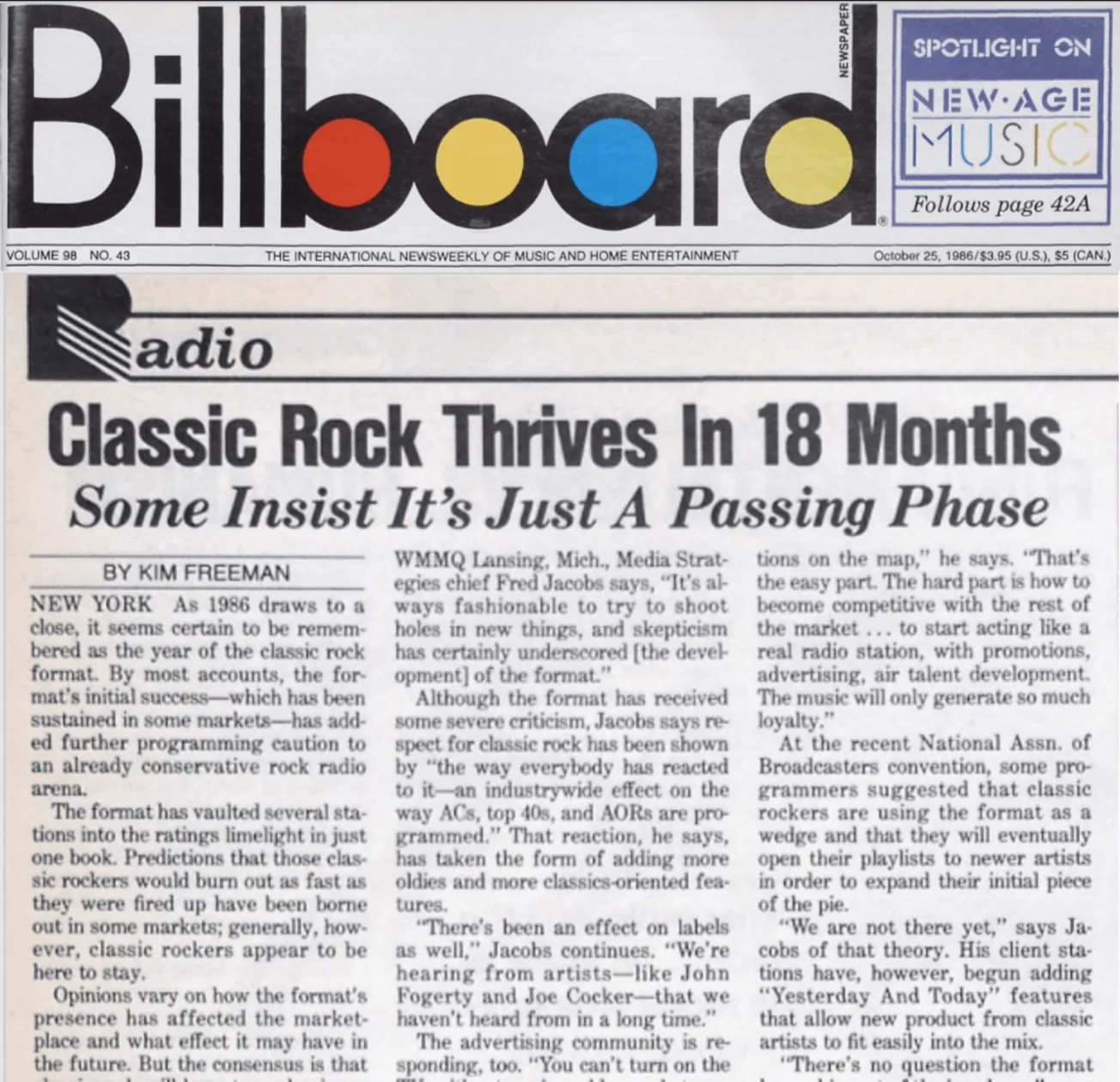 Billboard music magazine cover, vintage classic rock news, 1986, with headlines about the enduring popularity of classic rock