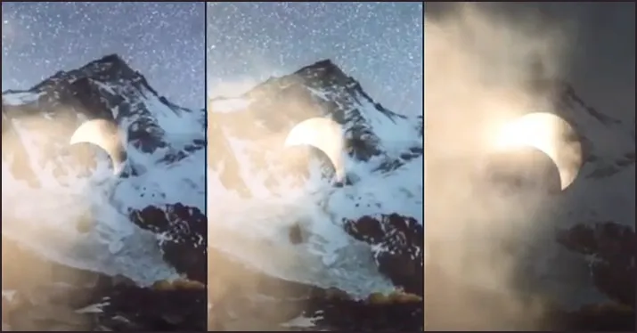 Moon eclipse over snowy mountain peak during cloudy weather, atmospheric natural event, dramatic mountain landscape, celestia