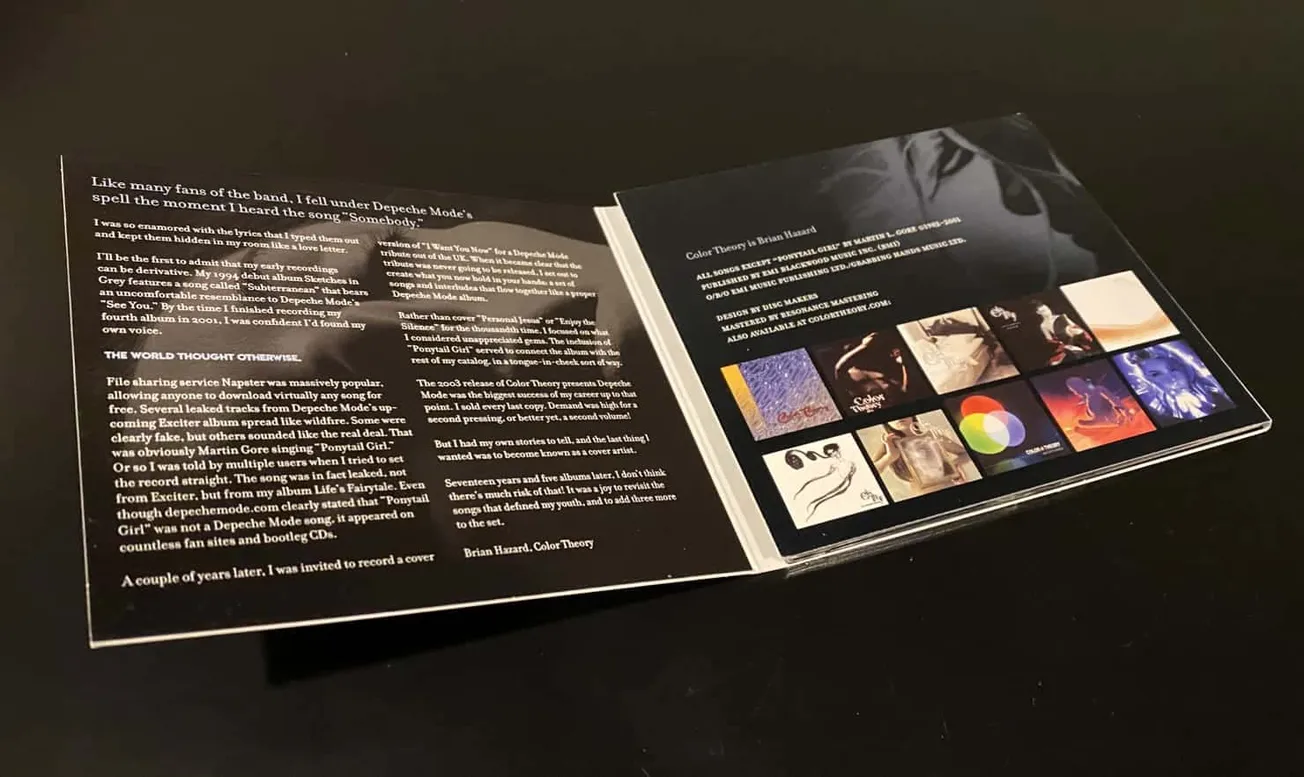 Vintage music album booklet featuring Depeche Mode and Color Theory artwork, showcasing album reviews, song insights, and gra
